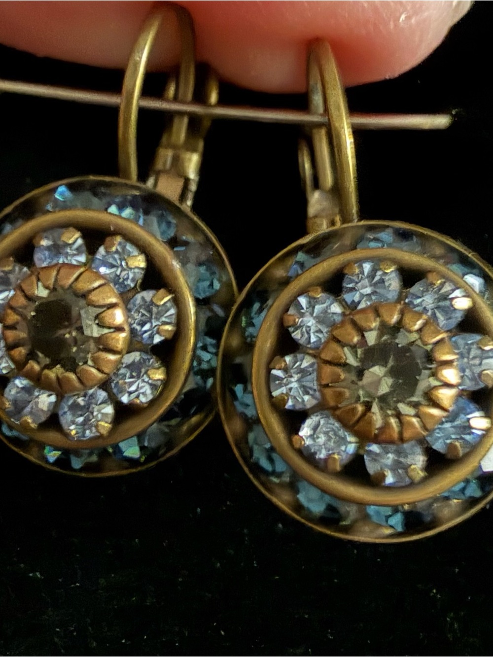 Antique Gold-Tone Blue Crystal Flower Drop Earrings - Women Jewelry